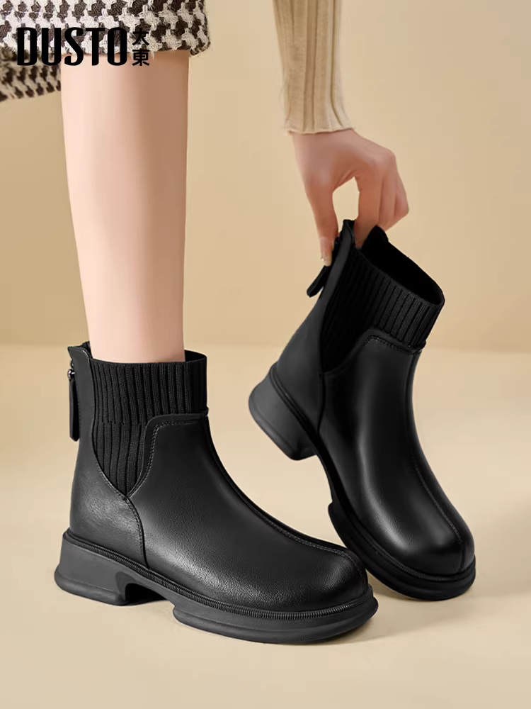 Giày bốt ngắn Dadong Chelsea dành cho nữ, kiểu mới thu đông 2025, màu đen, đế dày, lót lông, kiểu dáng ôm chân, kiểu Martin.