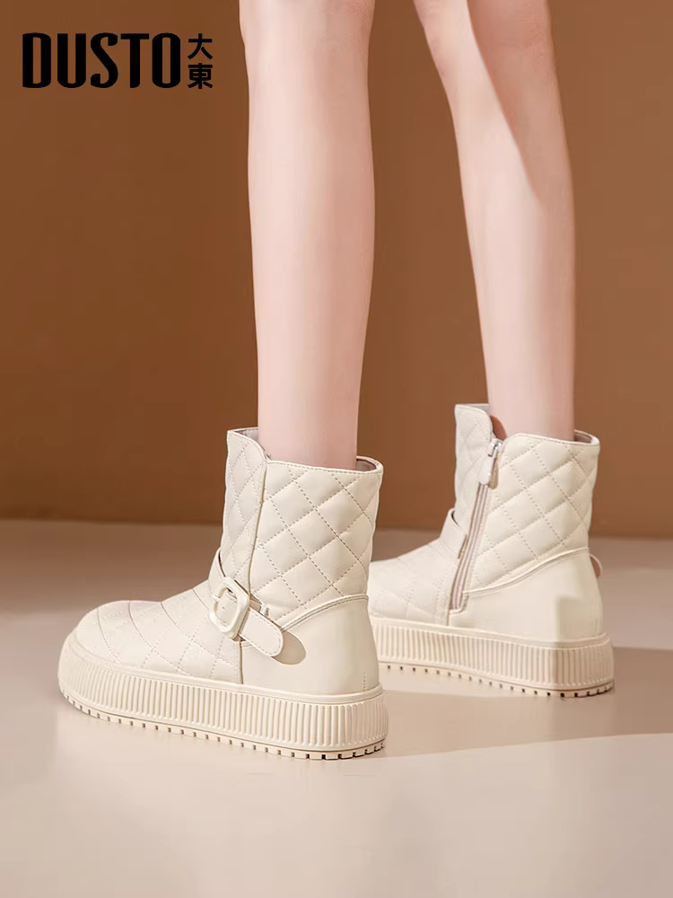 Giày bốt tuyết đế dày Dadong dành cho nữ, kiểu mới mùa đông 2025, giày lót lông cừu màu trắng, giày cotton giữ ấm mùa đông chống trơn trượt khi đi ngoài trời.