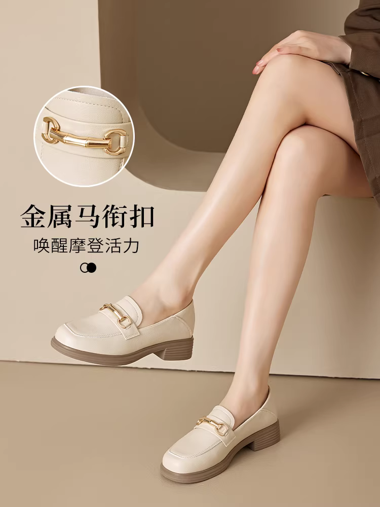 Giày lười nữ đế dày, kiểu dáng thu đông mới, gót dày thanh lịch, giày da màu đen đa năng kiểu lười.