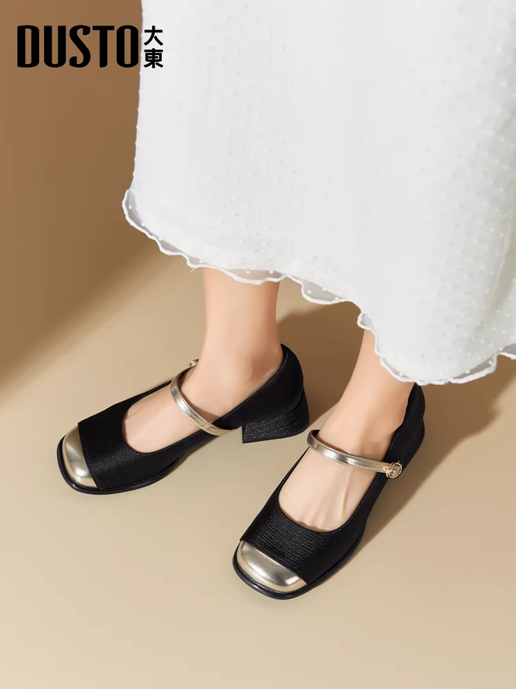Giày Mary Jane kiểu Pháp Dadong dành cho nữ 2025, mẫu mới thu đông, đa năng, giày nữ miệng nông, gót vuông, đế dày, giày đơn.