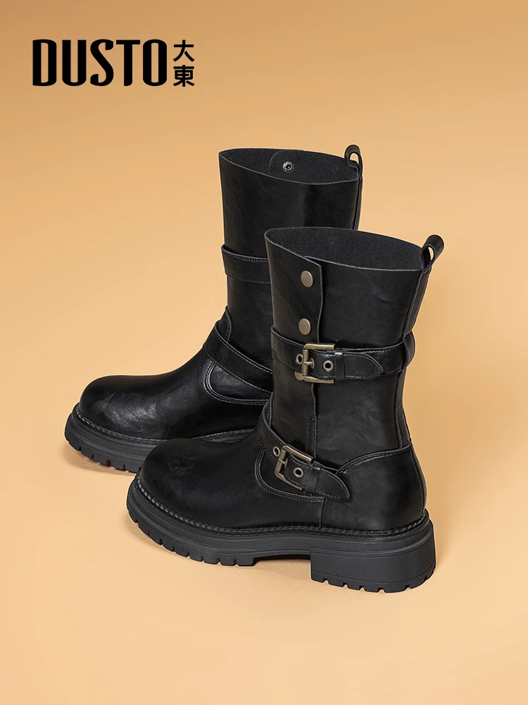 Giày bốt Dadong bốt cao đến giữa bắp chân dành cho nữ 2025 mới mùa thu đông màu đen đế dày bốt ngắn kiểu phương Tây bốt cưỡi ngựa phổ biến bốt Martin