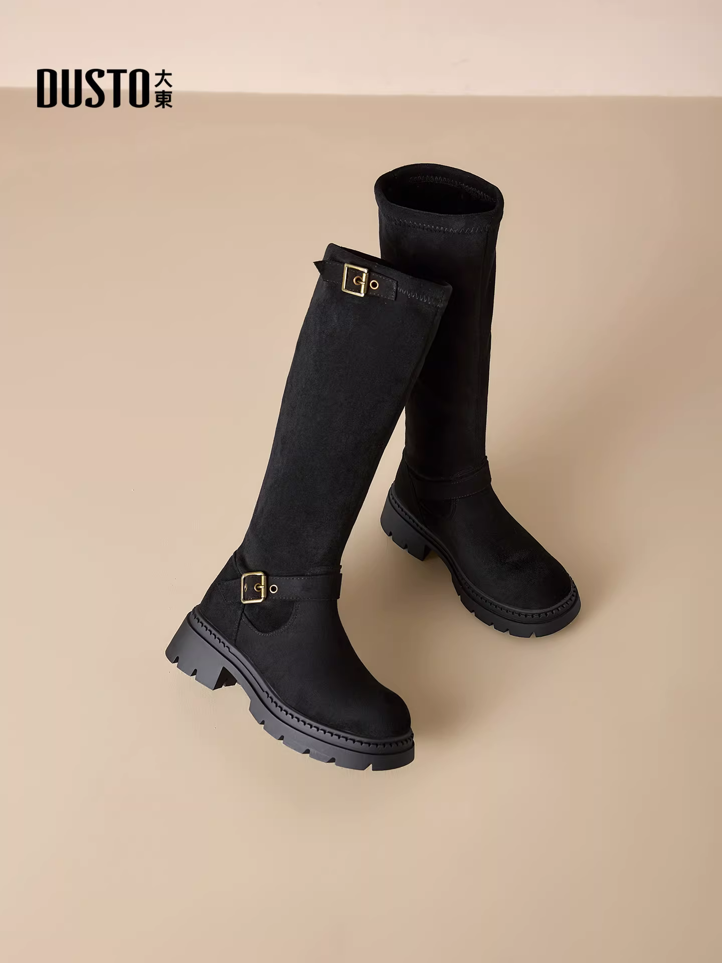 Giày bốt da lộn đen Dadong cao cổ nữ 2025 mới thu đông, lót lông, gót dày, đế dày, kiểu dáng thon gọn, bốt cao cổ dài