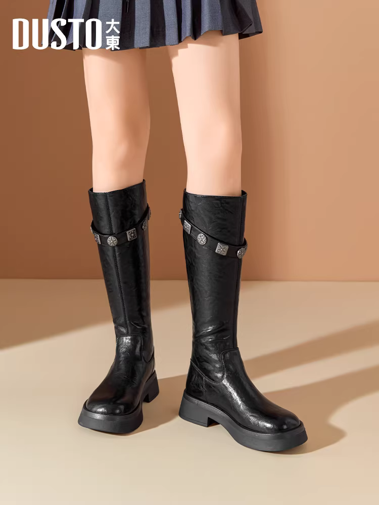 Giày bốt đen Dadong nữ 2025 kiểu dáng mới thu đông, bốt cao cổ thời trang đế dày tăng chiều cao, bốt cao đến đầu gối, bốt cưỡi ngựa cổ cao