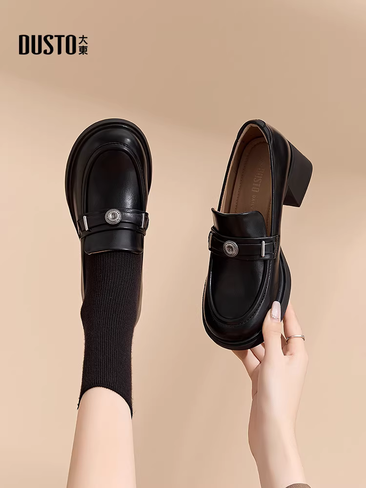 Giày da đen Dadong nữ mùa thu đông 2025 kiểu mới, giày nữ phong cách Anh, giày lười gót cao chunky, giày đi làm