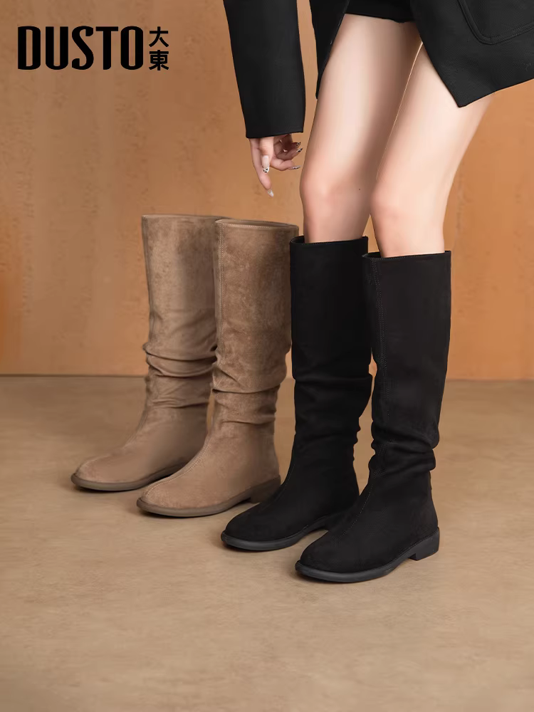 Giày bốt da lộn dài Dadong dành cho nữ, mẫu mới thu đông 2025, kiểu dáng phương Tây, bốt cao cổ, bốt đi xe cao cổ.