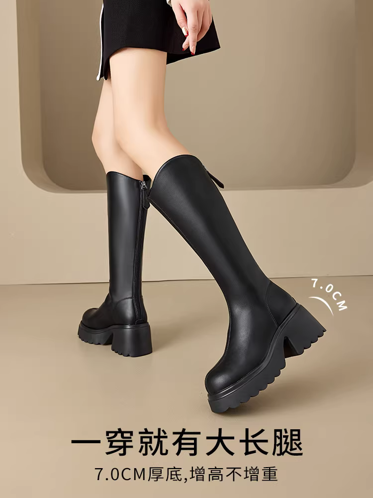 Giày bốt nữ Dadong đế dày bốt dài nữ kiểu mới 2025 bốt lót lông cừu mùa thu đông bốt cao cổ đi xe bốt dài nhỏ nhắn