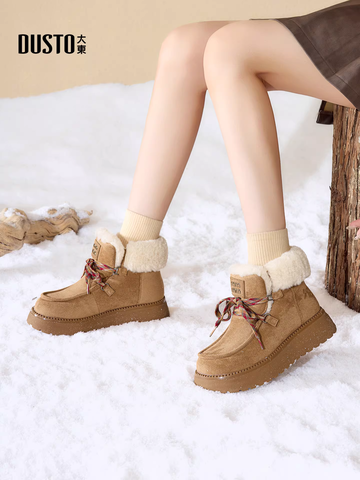 Giày bốt nữ lót lông cừu mùa đông 2025 mới, chống thấm nước, chống trơn trượt, đế dày, giữ ấm, kiểu lông thú, chất liệu cotton dành cho nữ