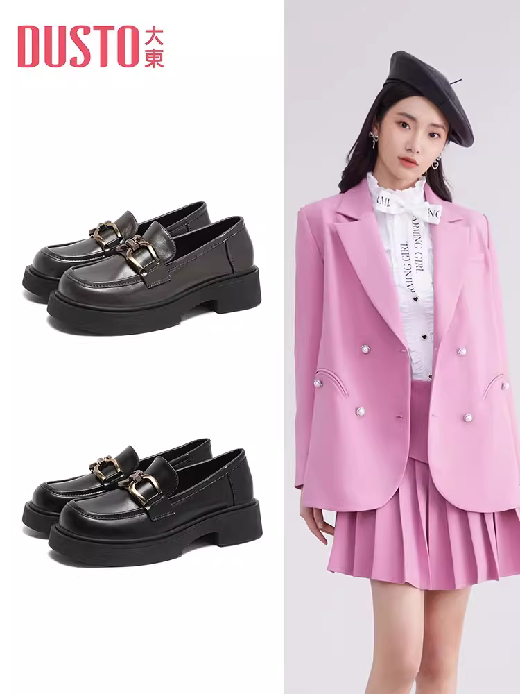 Giày lười đen Dadong dành cho nữ, kiểu mới thu đông 2025, kiểu Anh, mũi rộng, giày da nhỏ, đế dày tăng chiều cao, giày JK nữ.