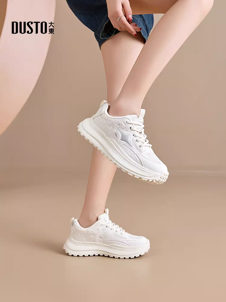 Giày thể thao đế dày Dadong dành cho nữ 2025, mẫu mới thu đông, giày lưới thoáng khí, đa năng, màu trắng.