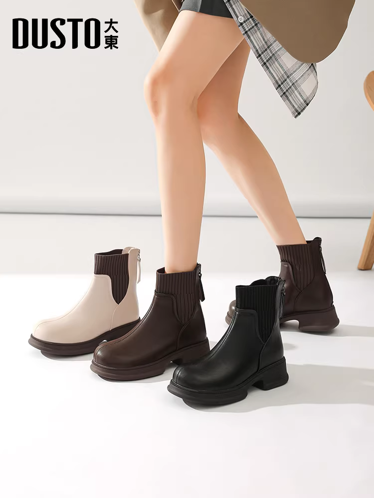 Giày bốt đế dày tăng chiều cao Dadong dành cho nữ 2025, kiểu dáng mới thu đông, chất liệu thun ôm dáng, phong cách retro Anh quốc, kiểu Martin dành cho nữ