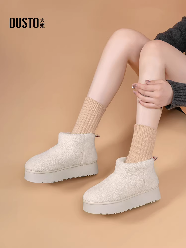 Giày bốt lông trắng Dadong dành cho nữ, mẫu mới mùa đông 2025, giày lông mềm, đế dày, lót lông cừu, giữ ấm bằng vải cotton