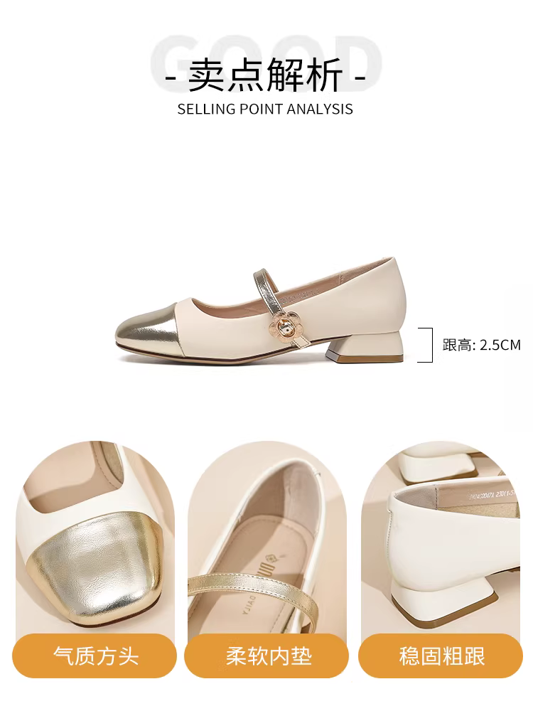 Giày Mary Jane đế thô Dadong dành cho nữ, mẫu mới thu 2025, giày nữ đế thấp phối chân váy, giày mũi vuông thanh lịch, kiểu dáng đơn giản.