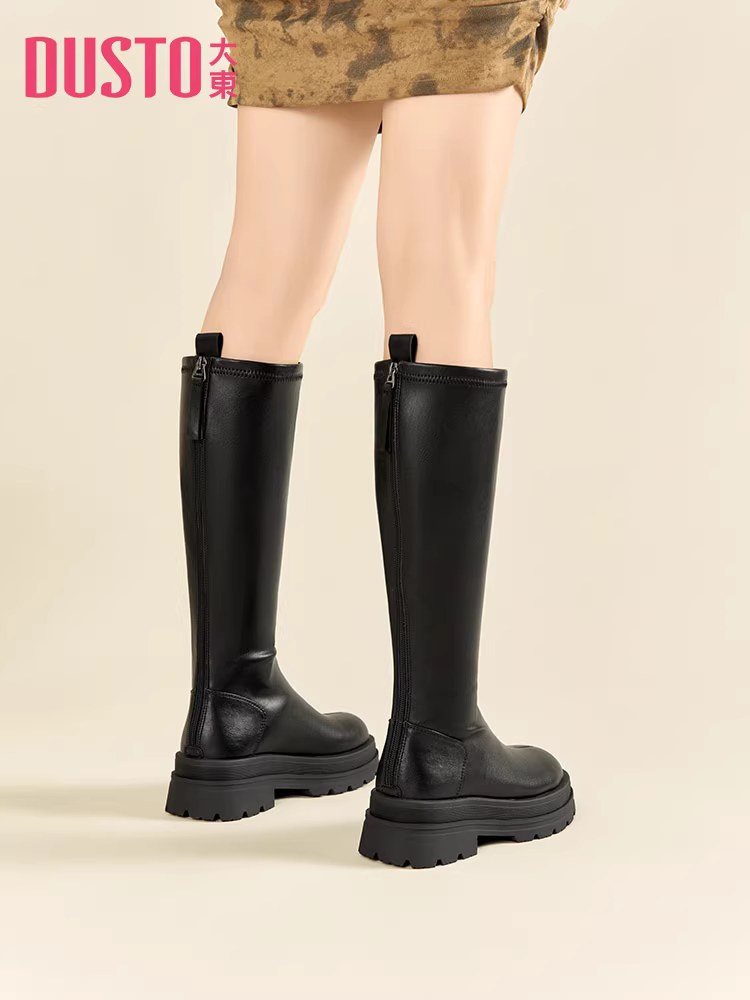 Giày bốt dài màu đen Dadong dành cho nữ, mẫu mới thu đông 2025, bốt nữ đế dày, bốt cao cổ, bốt ôm dáng.