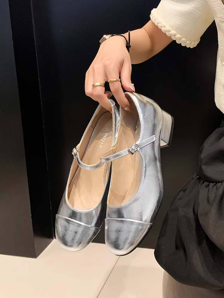 Giày Mary Jane bạc Dadong dành cho nữ 2025, kiểu mới mùa thu, gót trung bình, gót thô, quai đơn, giày nữ miệng nông, kiểu bệt