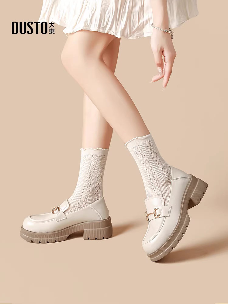 Giày da nữ mũi tròn kiểu mới thu 2025, giày đồng phục JK màu đen đế dày, kiểu lười, giày đơn