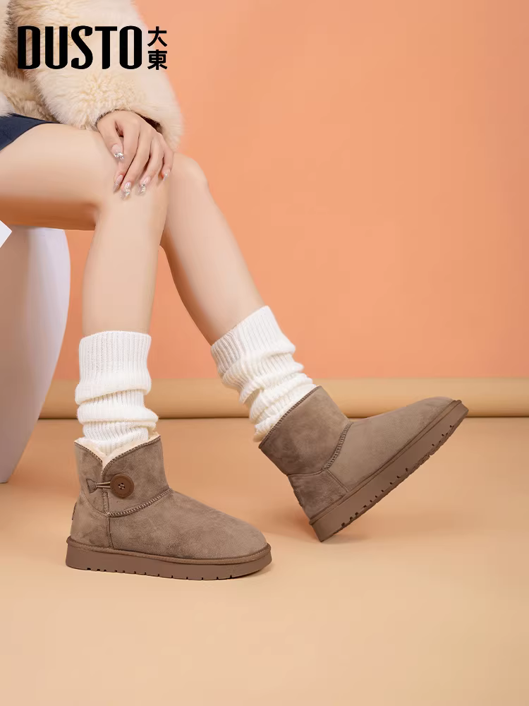 Giày bốt đi tuyết lót lông cừu Dadong dành cho nữ, kiểu dáng bán chạy mùa đông mới 2025, giày siêu đẹp, giày cotton đế dày kiểu bánh mì.