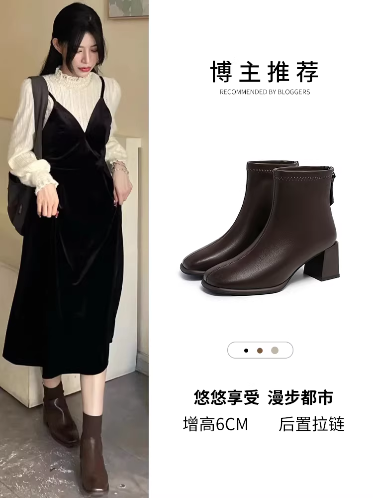 Giày bốt cao gót đế thô Dadong dành cho nữ, kiểu dáng mới phổ biến mùa thu đông 2025, lót lông cừu, kiểu dáng ôm sát, bốt Chelsea màu đen.