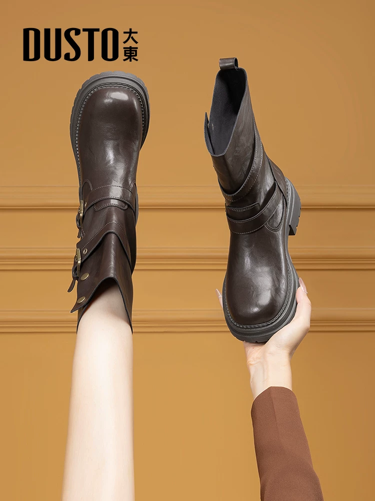 Giày bốt Dadong bốt cao đến giữa bắp chân dành cho nữ 2025 mới mùa thu đông màu đen đế dày bốt ngắn kiểu phương Tây bốt cưỡi ngựa phổ biến bốt Martin