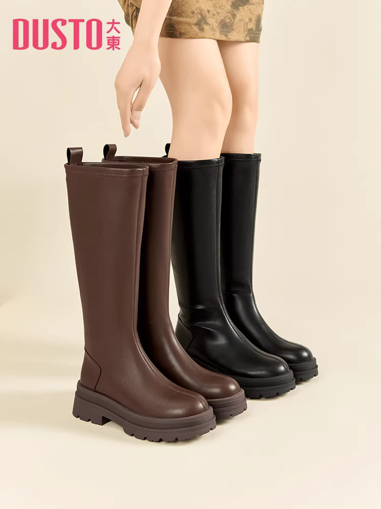 Giày bốt dài màu đen Dadong dành cho nữ, mẫu mới thu đông 2025, bốt nữ đế dày, bốt cao cổ, bốt ôm dáng.
