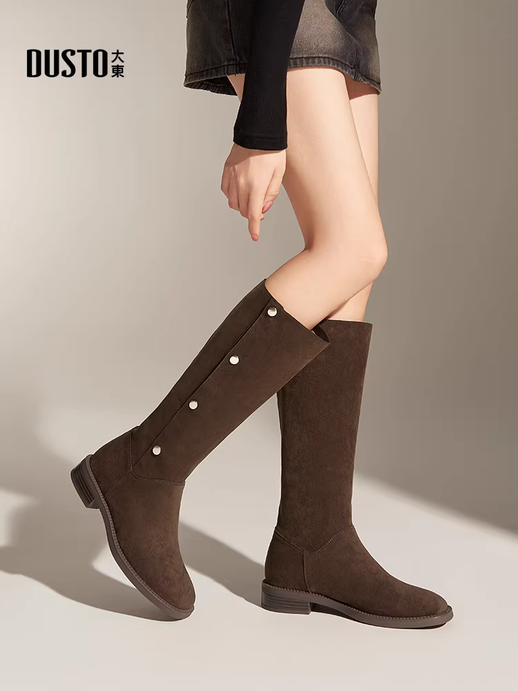 Giày bốt giảm béo Dadong dành cho nữ, kiểu mới thu đông 2025, bốt da lộn dài trên đầu gối, bốt nữ ống rộng, bốt cao.