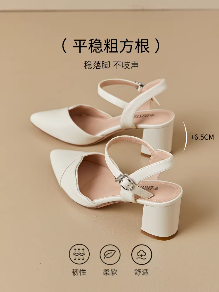 Giày sandal Dadong Baotou nữ, giày nữ mùa hè mới 2025, gót dày, phong cách Pháp, phối chân váy, mũi nhọn, giày cao gót nữ.