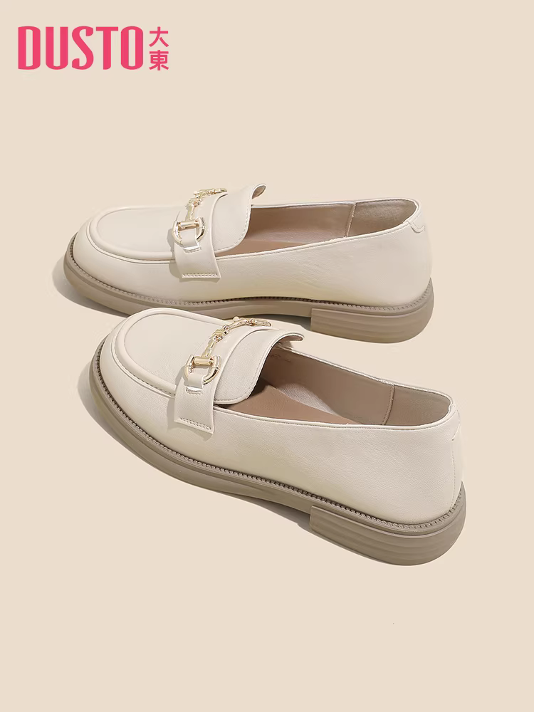 Giày da đế dày màu trắng Dadong dành cho nữ 2025 mới thu đông đế mềm giày đơn phong cách Hepburn Pháp giày lười nữ