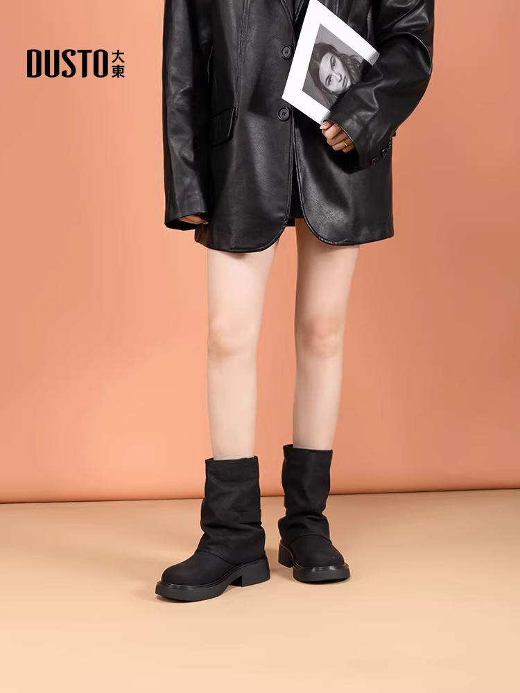 Giày bốt đế dày Dadong dành cho nữ 2025 mới thu đông Giày bốt màu nâu Melard kiểu retro bootcut xếp tầng Giày bốt Martin