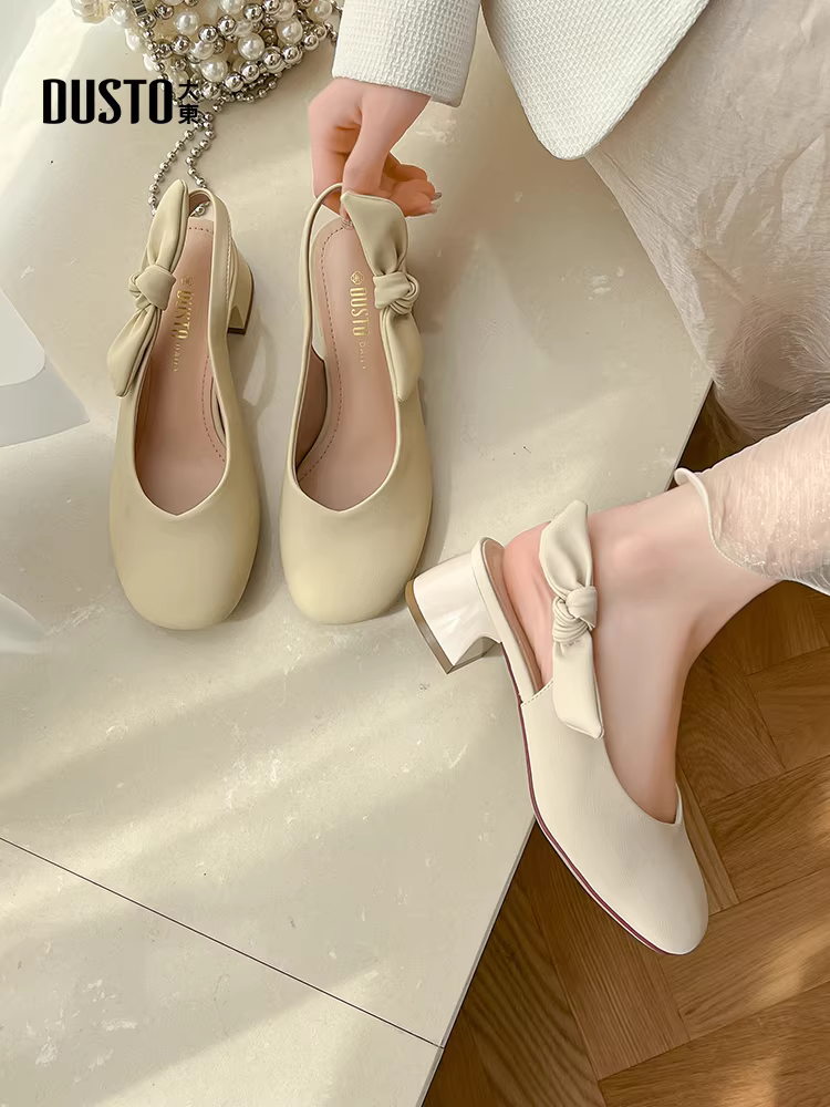 Giày nữ Dadong miệng nông kiểu đơn giản mùa thu mới 2025, giày nữ kiểu Pháp thanh lịch, gót vuông cao, giày Mary Jane