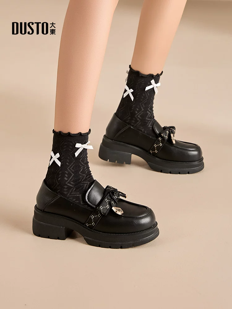 Giày lười đế dày Dadong dành cho nữ 2025, mẫu mới thu đông, kiểu buộc nơ, gót dày, phối chân váy, phong cách Anh, giày da nhỏ nhắn