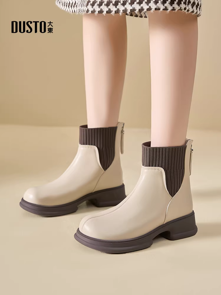 Giày bốt ngắn Dadong Chelsea dành cho nữ, kiểu mới thu đông 2025, màu đen, đế dày, lót lông, kiểu dáng ôm chân, kiểu Martin.