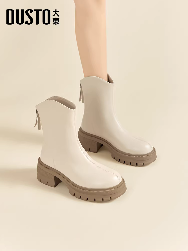 Giày bốt cổ ngắn đế dày Dadong dành cho nữ 2025, mẫu mới thu đông, kiểu Chelsea, ôm chân, màu đen, đế dày, kiểu Martin