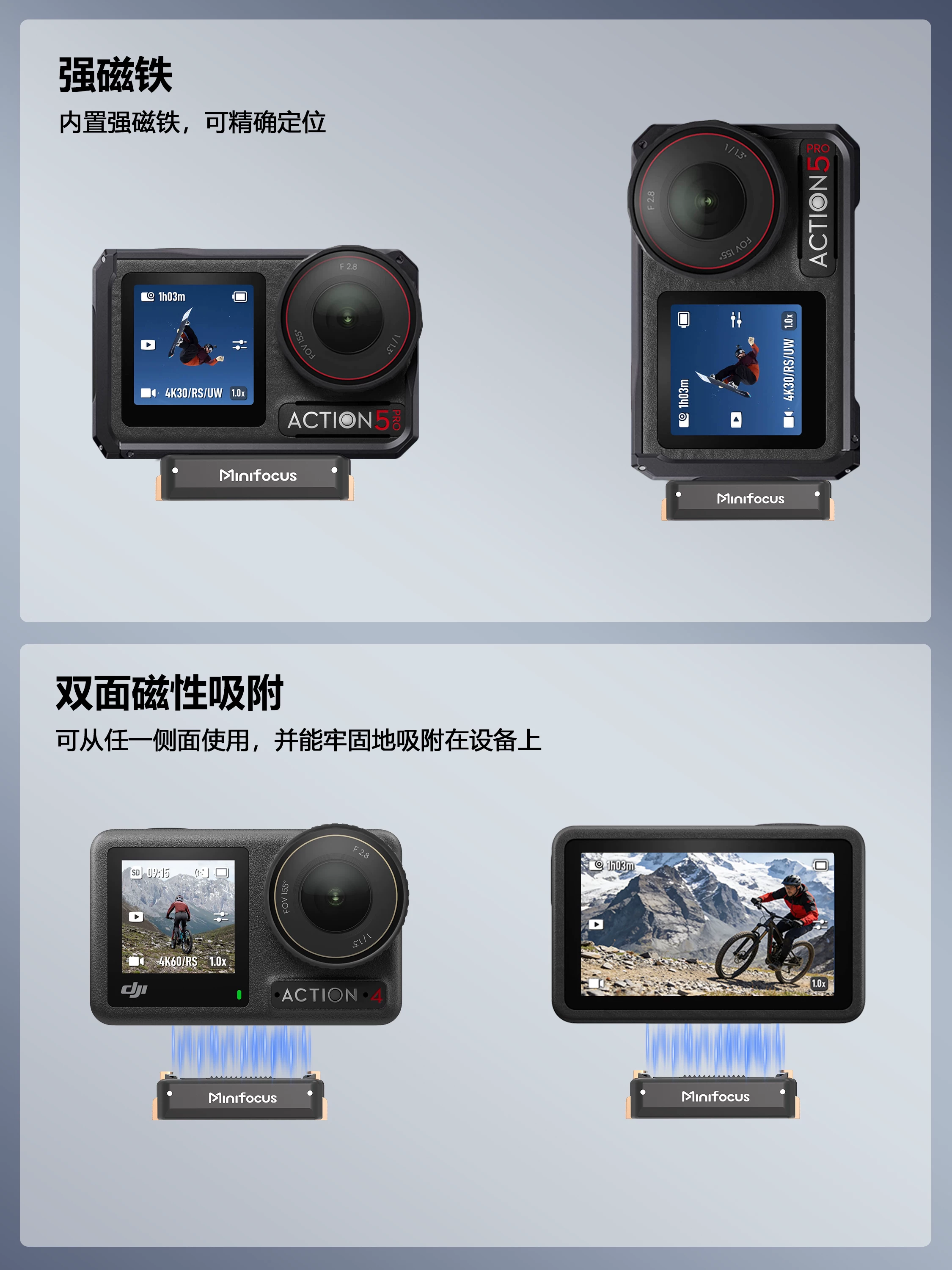 Đế chuyển đổi từ tính Minifocus tương thích với DJI Action5pro/4/3, bộ chuyển đổi tháo nhanh hai càng cho camera hành động, chân máy ảnh tự sướng Osmo360 gắn vít 1/4.