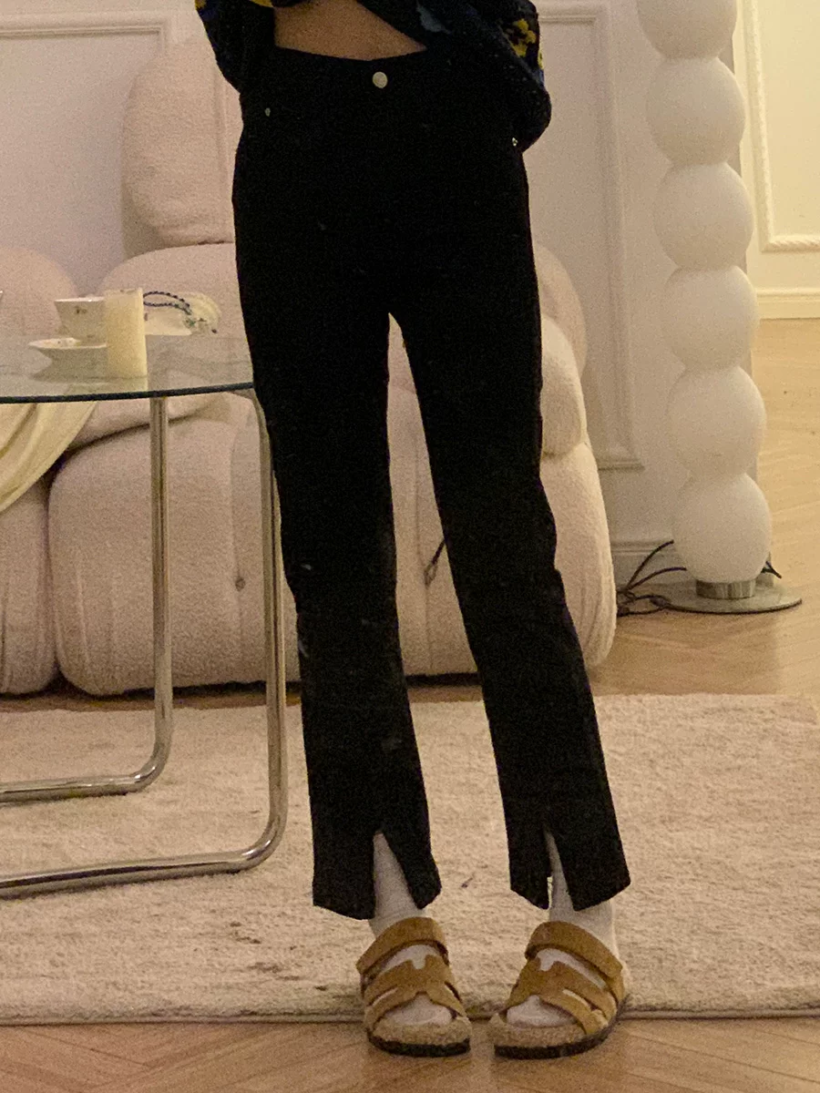 Quần jean xẻ tà màu đen dành cho nữ, mặc đầu thu, cỡ lớn, dáng rộng, tôn dáng, co giãn, nhỏ nhắn, quần thuốc lá ngắn.