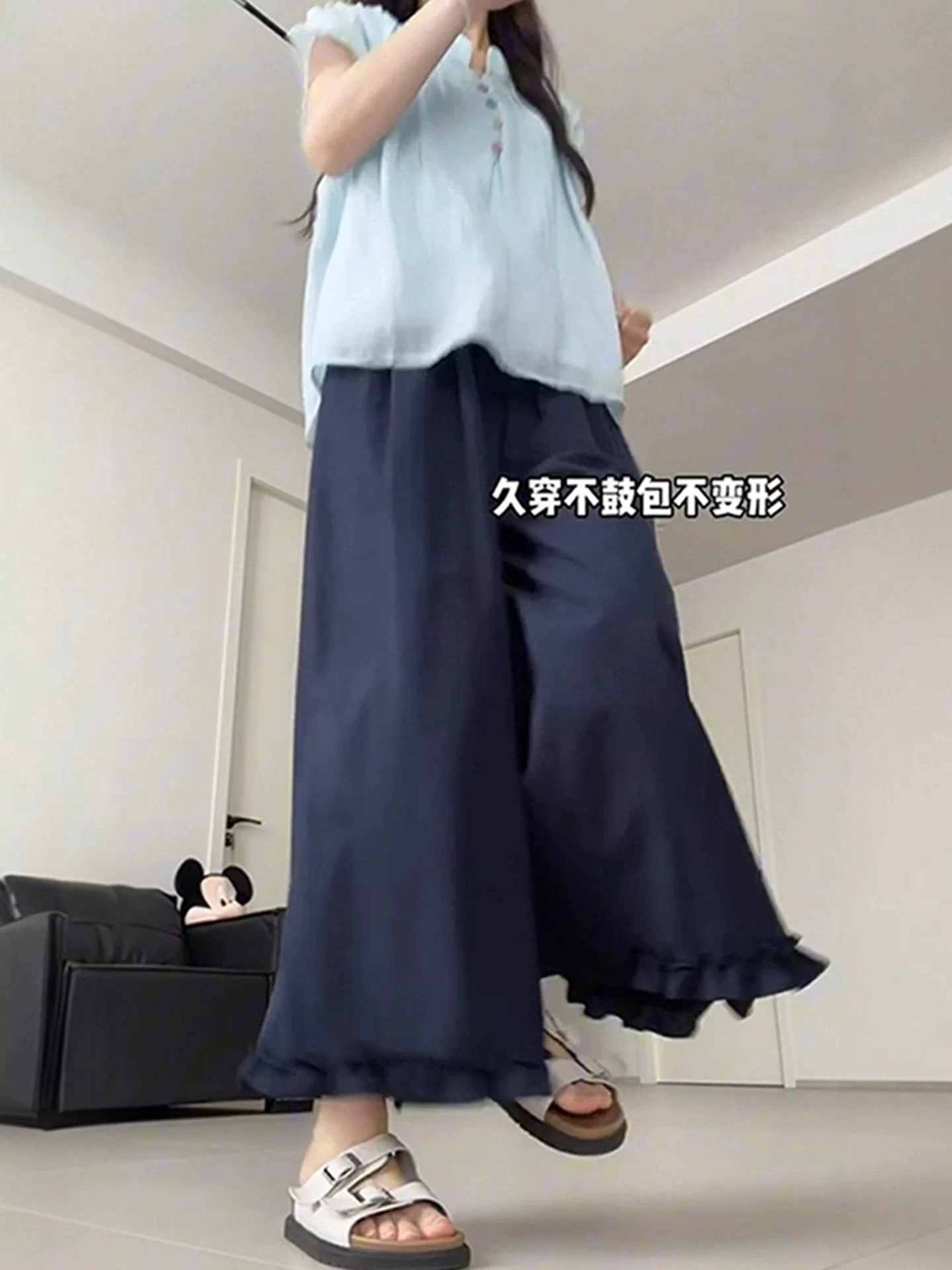 Quần ren màu xanh hải quân dành cho nữ, phong cách mùa hè, cỡ lớn, lưng cao, dáng rộng, thon gọn, quần ống rộng ngắn.