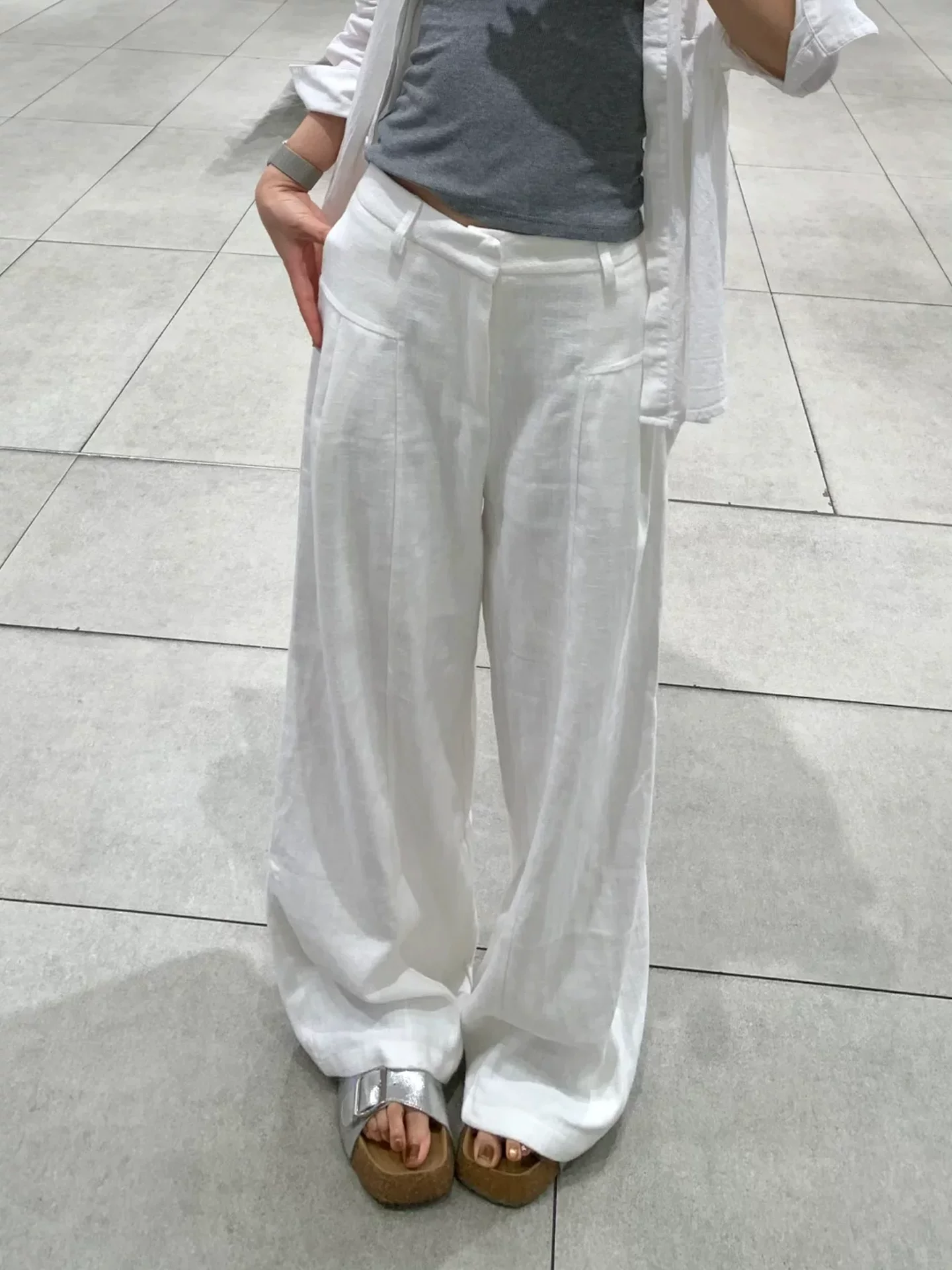 Quần vải lanh trắng kiểu tiền cổ điển dành cho nữ, size lớn mùa hè, cạp cao, chất liệu mềm mại, tôn dáng, quần ống rộng dáng thẳng.