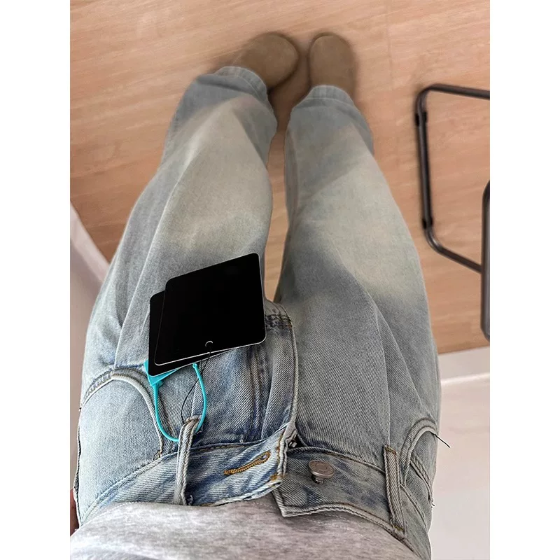 Quần jean ống đứng màu xanh nhạt dành cho nữ, mùa thu, cỡ lớn, lưng cao, dáng rộng, tôn dáng, dáng quả lê, quần ống rộng, dài chạm sàn