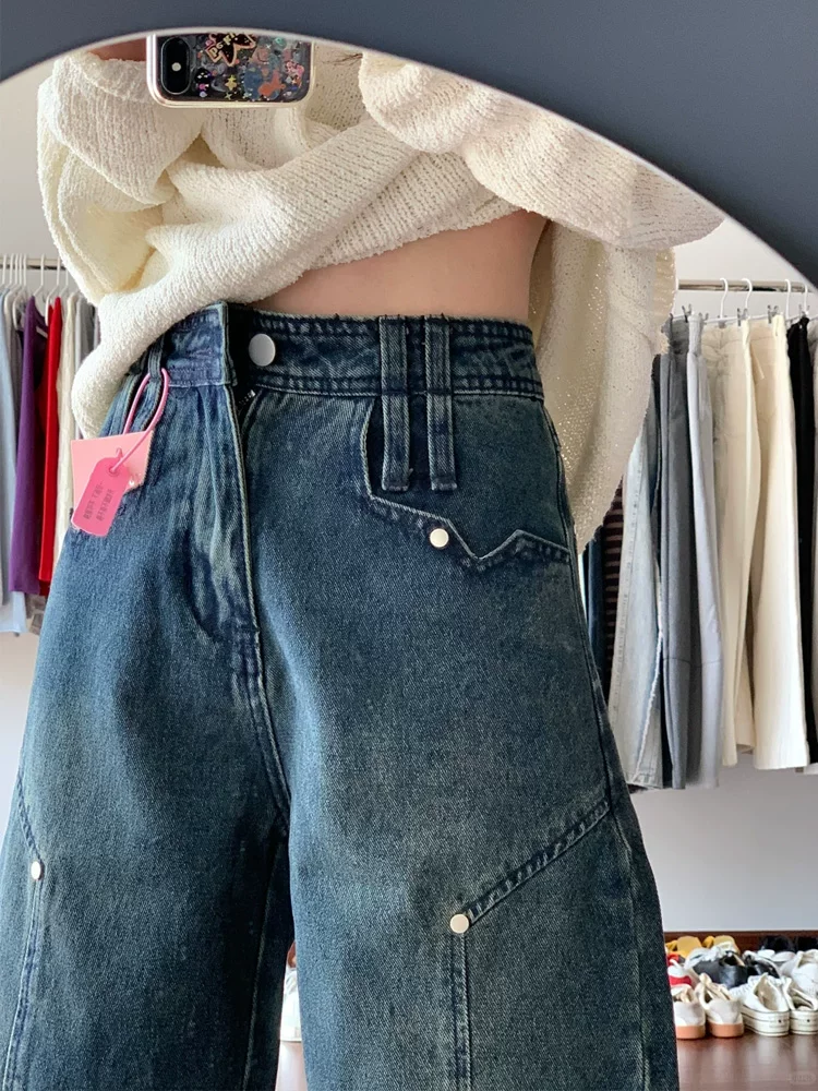 Quần short denim chữ A kiểu Mỹ màu xanh cổ điển dành cho nữ, cỡ lớn mùa hè, cạp cao, giảm béo, ống thẳng, quần short ống rộng dài vừa phải.