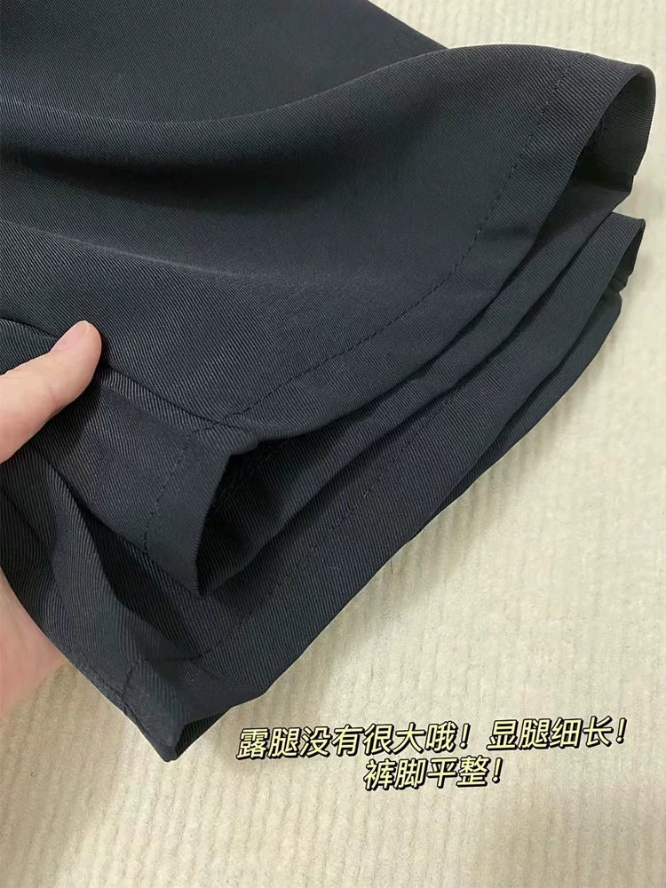 Quần tây đen dành cho nữ, mùa hè, cỡ lớn, lưng cao, dáng rộng, tôn dáng, dáng quả lê, phong cách đầu thu, quần ống rộng thường ngày.