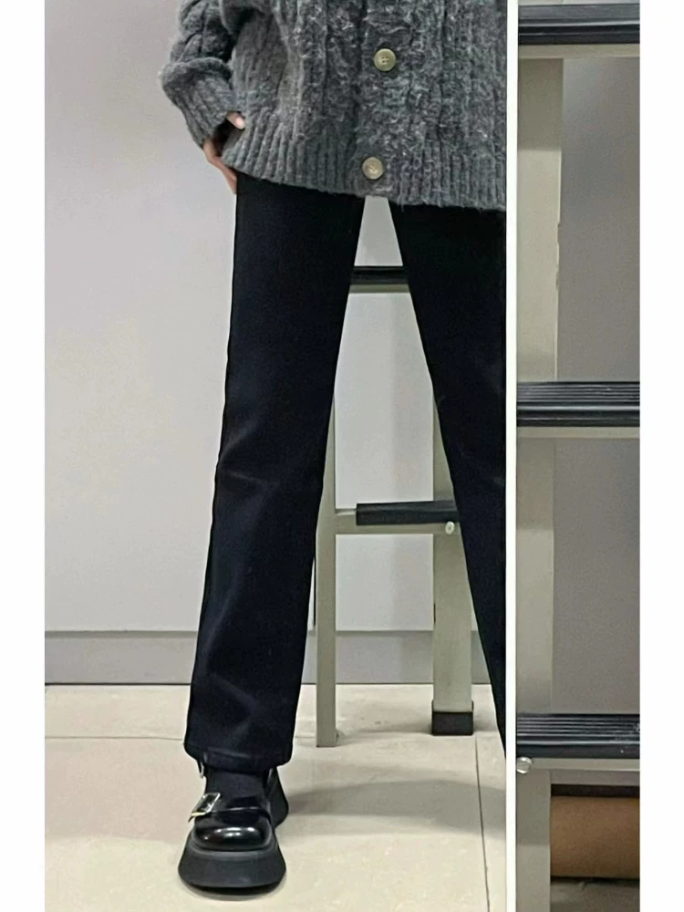 Quần jean ống đứng dáng quả lê dành cho nữ, cỡ lớn, lót lông cừu mùa thu đông, dày dặn, cạp cao, co giãn, che hông.