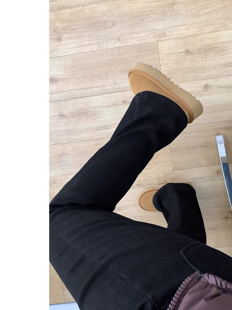 Quần jean ống loe cho nữ, mùa thu đông, lót lông cừu, cỡ lớn, lưng cao, giảm béo, dáng quả lê, phong cách đầu xuân, quần ống loe co giãn