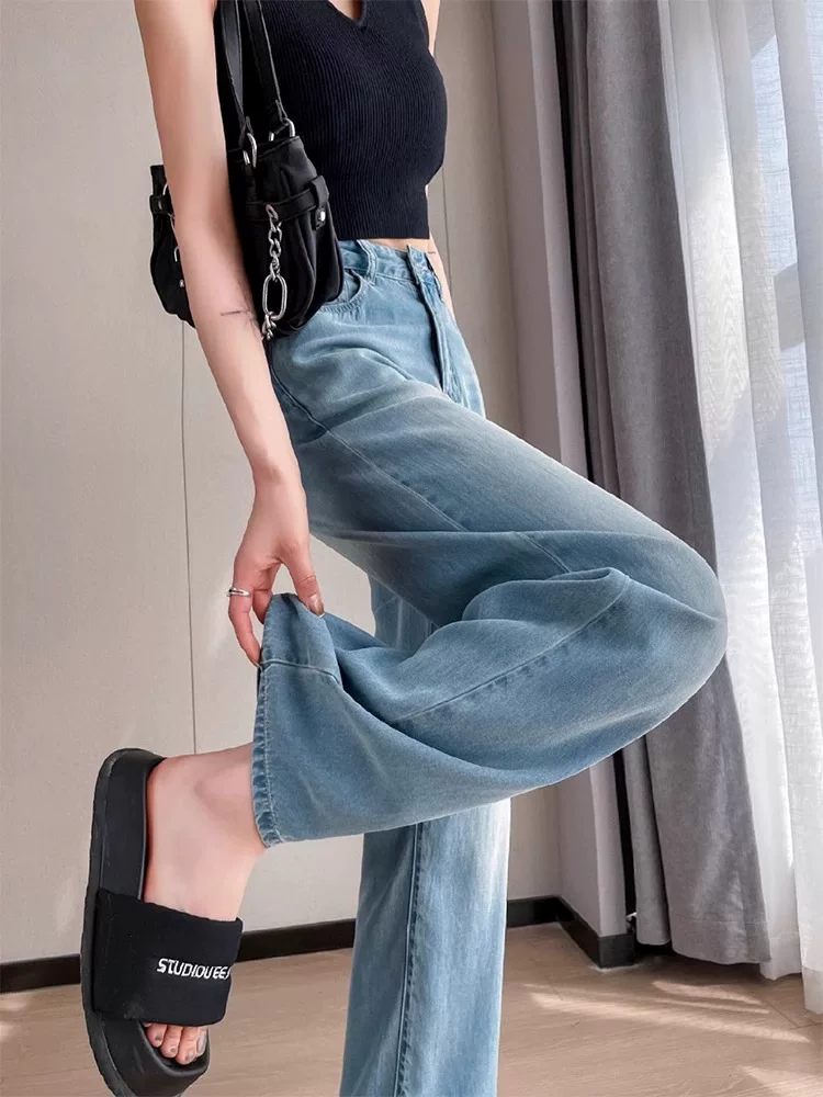 Quần jean lụa băng cho nữ, kiểu dáng mỏng mùa hè, cỡ lớn, lưng cao, dáng rộng, mềm mại, tôn dáng, dành cho người có dáng quả lê, quần ống rộng dài chạm sàn