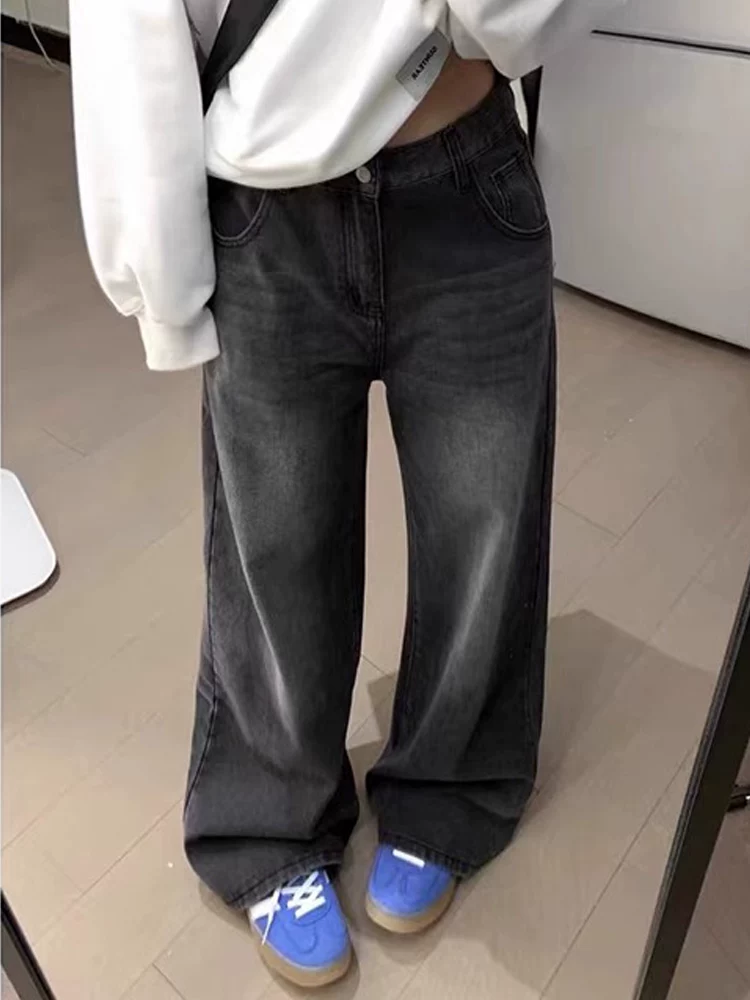 Quần jean ống đứng màu đen và xám dành cho nữ, cỡ lớn, kiểu dáng mới mùa thu, cạp cao, dáng rộng, che hông, tôn dáng, ống rộng, dài chạm sàn.