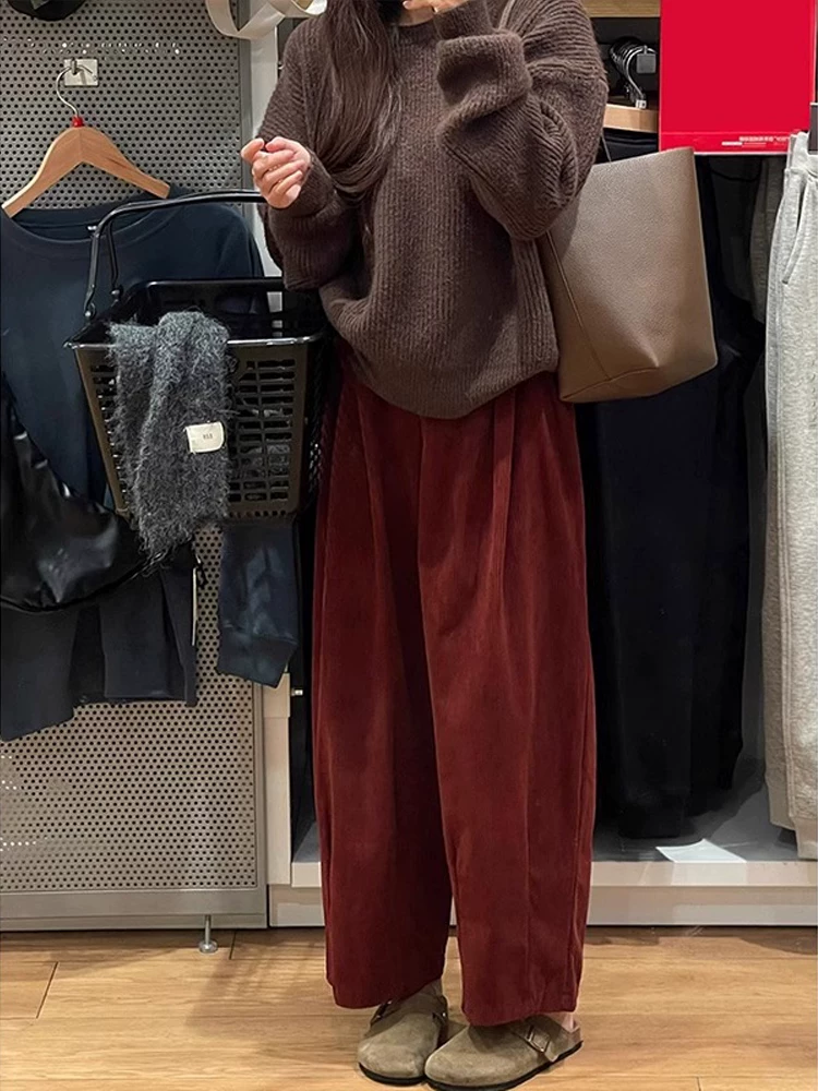 Quần ống đứng kiểu Nhật dành cho nữ, mùa thu đông, lót lông cừu, cỡ lớn, lưng cao, dáng rộng, dáng suông, giảm béo, vải nhung, quần ống rộng ngắn