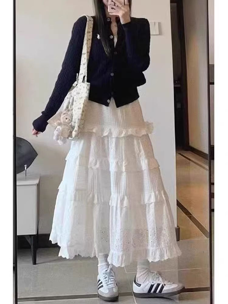 Váy midi viền ren trắng cho nữ, cỡ lớn mùa hè, lưng cao, thon gọn, dáng chữ A, váy bánh phồng.