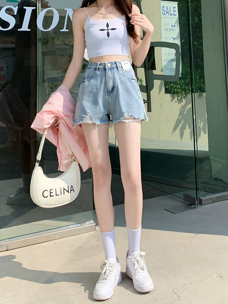 Quần short denim rách màu xanh nhạt hình quả lê dành cho nữ, cỡ lớn mùa hè, lưng cao, giảm béo, viền sờn, quần ống rộng chữ A