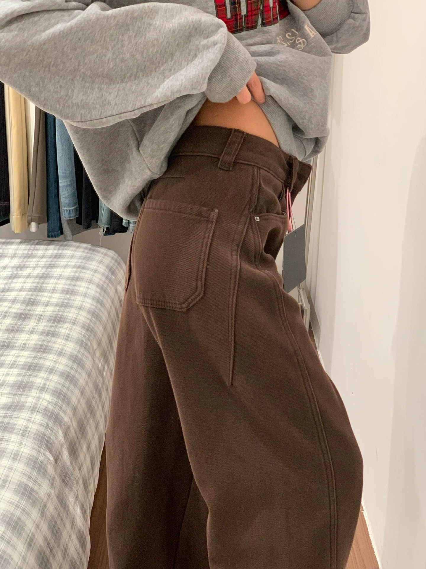 Quần jean ống cong dày lót lông cừu màu cà phê dành cho nữ, mùa thu đông, cỡ lớn, lưng cao, dáng rộng, dáng thon gọn, ống thẳng, quần ống rộng.