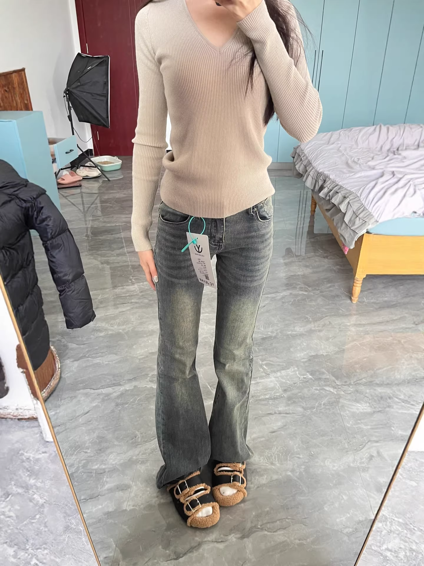 Quần jean xanh vintage dáng loe dành cho nữ có thân hình hình quả lê, size lớn mùa thu, cạp cao, co giãn, che hông, quần ống loe tôn dáng