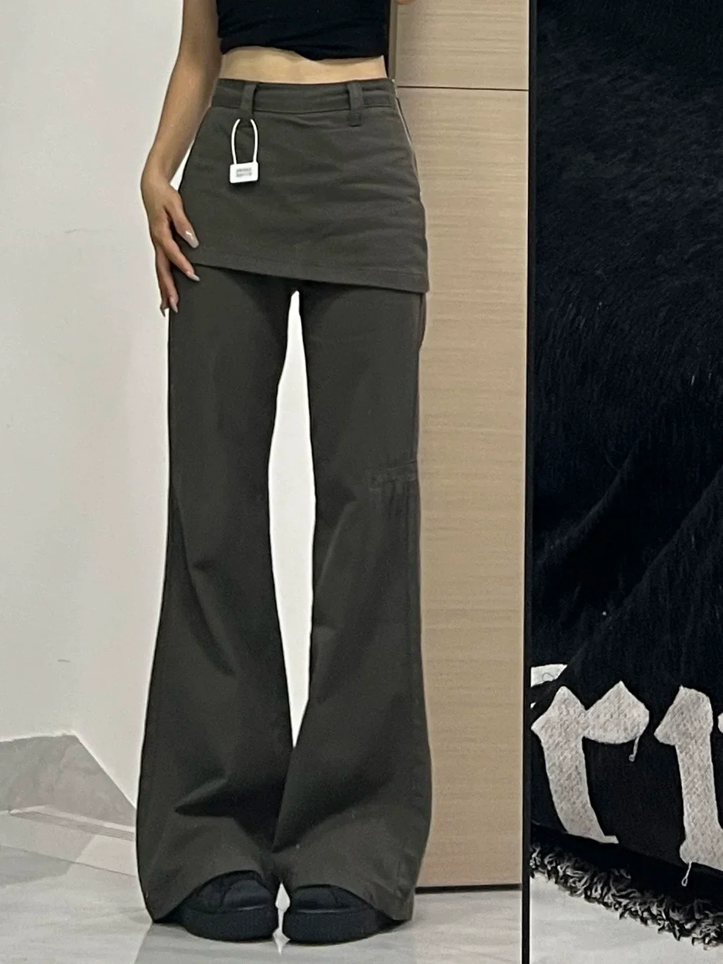 Quần jeans giả hai mảnh kiểu Mỹ dành cho nữ, thu đông 2025, size lớn, cạp cao, dáng rộng, tôn dáng, quần chuông công sở