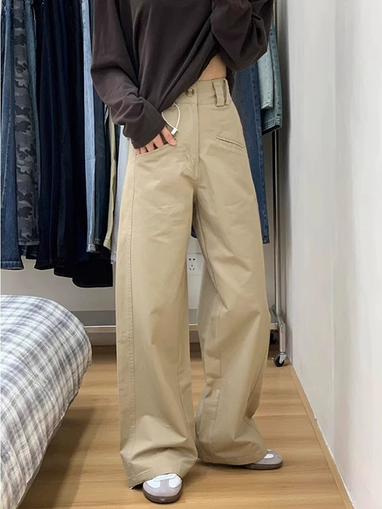 Quần kaki thường ngày dành cho nữ, kiểu dáng mùa xuân mới, cỡ lớn, lưng cao, dáng rộng, giảm béo, dáng quả lê, quần ống rộng