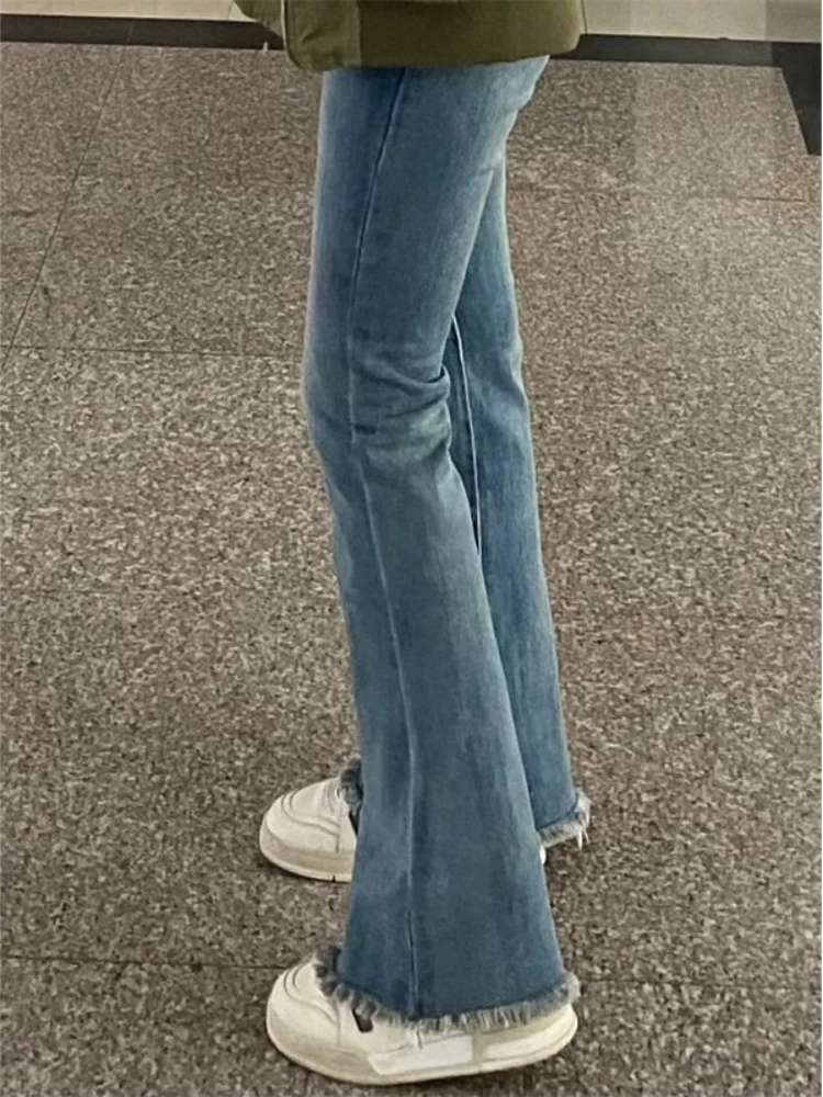 Quần jean dáng lê dành cho nữ, lót lông cừu mùa thu đông, cỡ lớn, lưng cao, thon gọn, co giãn, viền xù, quần ống loe, hợp thời trang.